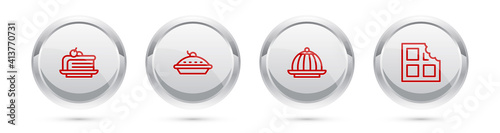 Set line Piece of cake, Homemade pie, Pudding custard and Chocolate bar. Silver circle button. Vector.