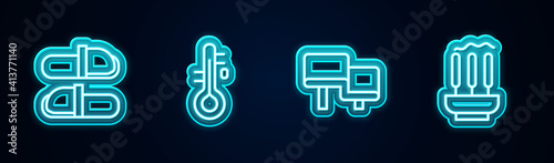 Set line Sauna slippers, thermometer, wood bench and Incense sticks. Glowing neon icon. Vector.