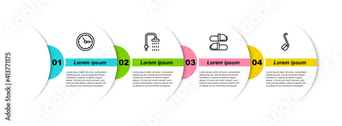 Set line Sauna clock, Shower, slippers and ladle. Business infographic template. Vector.