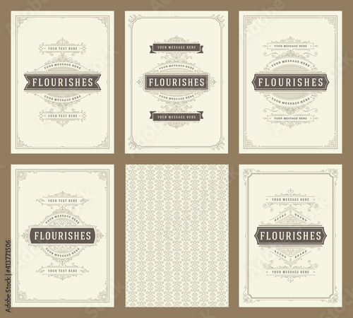 Vintage ornament greeting cards set templates flourish ornate frames and pattern background vector illustration