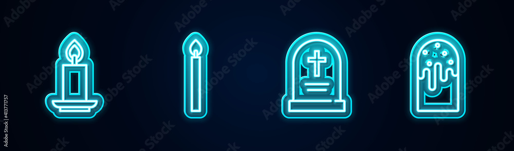 Obraz premium Set line Burning candle, , Tombstone with cross and Easter cake. Glowing neon icon. Vector.