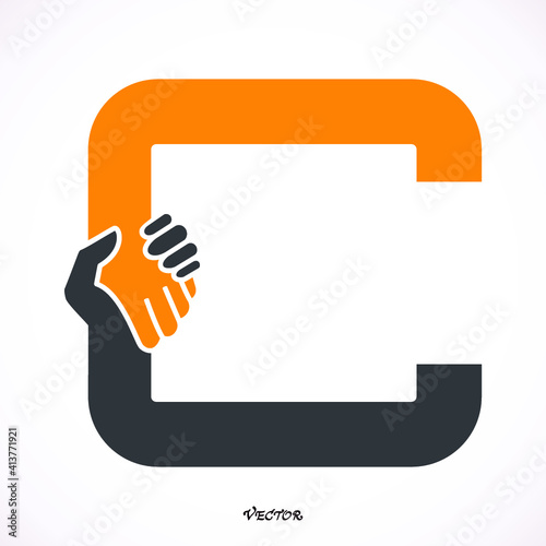 Cooperation Abstract Vector Sign, Symbol or Logo Template. Hand Shake Incorporated in Letter C Concept. Isolated.