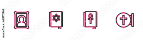 Set line Christian icon, Cross ankh book, Jewish torah and cross icon. Vector.