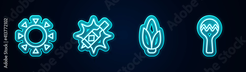Set line Sun, Tabasco sauce, Corn and Maracas. Glowing neon icon. Vector.