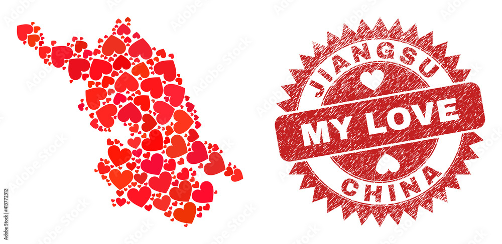 Vector collage Jiangsu Province map of love heart items and grunge My Love seal. Collage geographic Jiangsu Province map created with love hearts. Vector collage Jiangsu Province map of love heart items and grunge My Love seal. Collage geographic Jiangsu Province map created with love hearts.