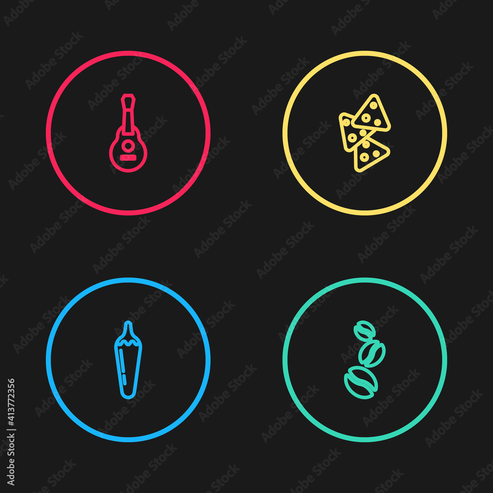 Set line Hot chili pepper pod, Coffee beans, Nachos and Mexican guitar icon. Vector. Set line Hot chili pepper pod, Coffee beans, Nachos and Mexican guitar icon. Vector.