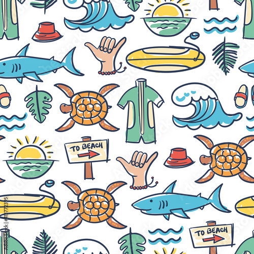 Vector colorful pattern on the theme of summer, surfing, holidays, sea, beach, rest, hobby. Cartoon hand drawn background for use in design photo