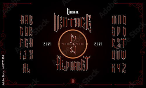 Vintage decorative, gothic font. Lettering design in retro style. Perfect for alcohol labels, logos, album titles of metal bands.