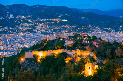 Alanya Castle Ehmedek Kalesi mountain hill night city panorama at night