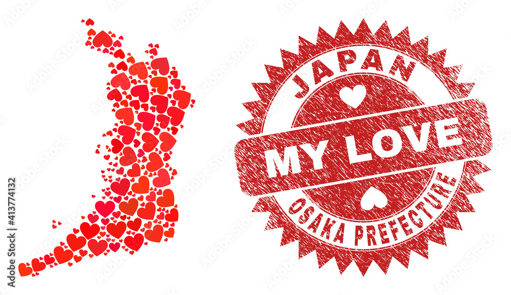 Vector mosaic Osaka Prefecture map of lovely heart elements and grunge My Love seal stamp. Mosaic geographic Osaka Prefecture map created with love hearts. Vector mosaic Osaka Prefecture map of lovely heart elements and grunge My Love seal stamp. Mosaic geographic Osaka Prefecture map created with love hearts.