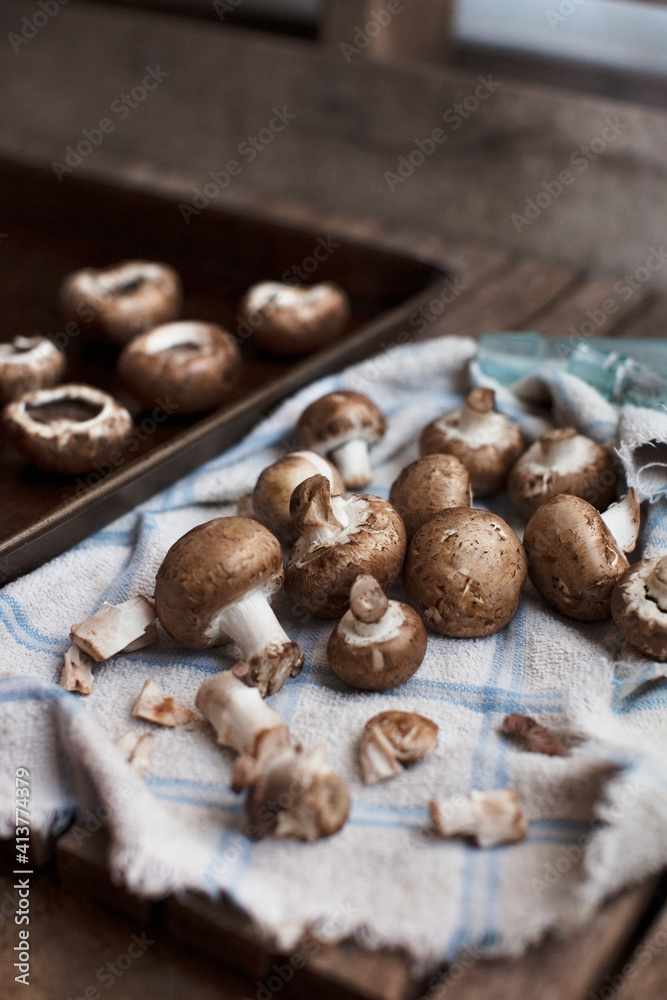 High angle view of mushrooms and napkin High angle view of mushrooms and napkin