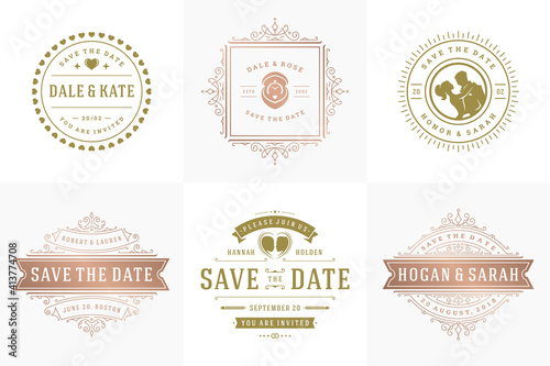 Wedding invitations save the date logos and badges vector elegant templates set