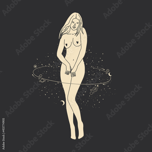 Vintage vintage engraving style. Abstract woman silhouette. Spiritual origin of the universe of magic and space, phases of the moon