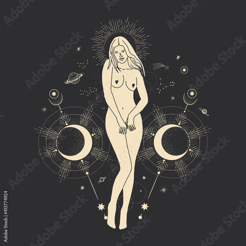Vintage vintage engraving style. Abstract woman silhouette. Spiritual origin of the universe of magic and space, phases of the moon