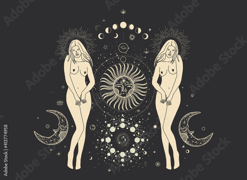 Vintage vintage engraving style. Abstract woman silhouette. Spiritual origin of the universe of magic and space, phases of the moon