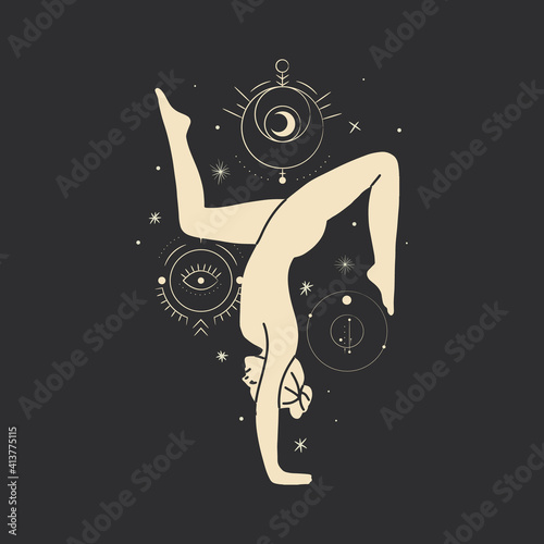 Vintage vintage engraving style. Abstract woman silhouette. Spiritual origin of the universe of magic and space, phases of the moon