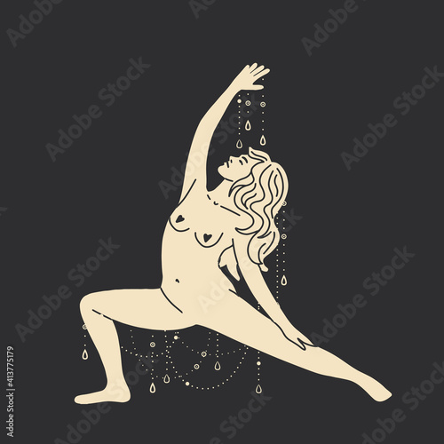 Vintage vintage engraving style. Abstract woman silhouette. Spiritual origin of the universe of magic and space, phases of the moon