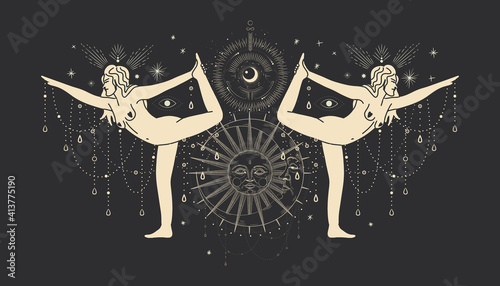 Vintage vintage engraving style. Abstract woman silhouette. Spiritual origin of the universe of magic and space, phases of the moon