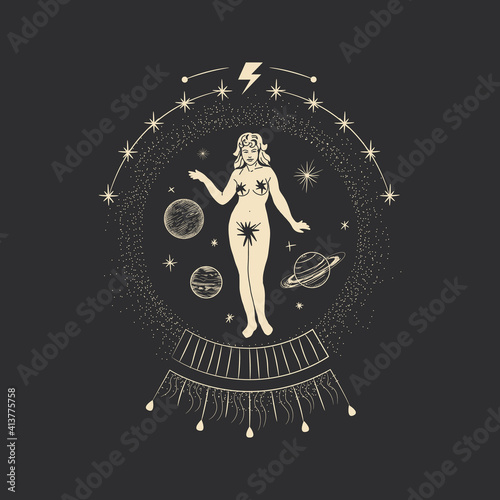 Vintage vintage engraving style. Abstract woman silhouette. Spiritual origin of the universe of magic and space, phases of the moon