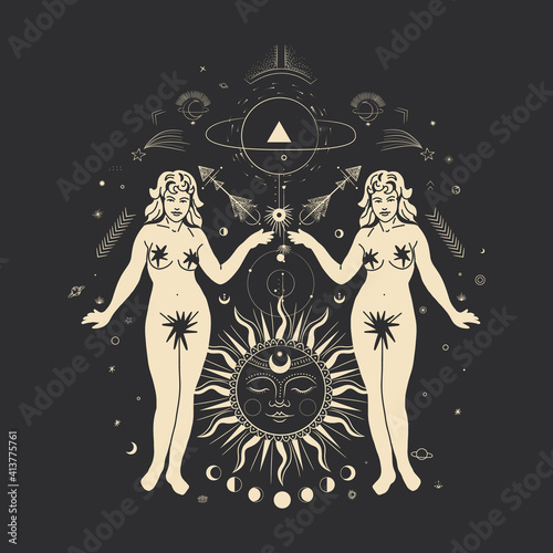 Vintage vintage engraving style. Abstract woman silhouette. Spiritual origin of the universe of magic and space, phases of the moon