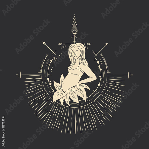 Vintage vintage engraving style. Abstract woman silhouette. Spiritual origin of the universe of magic and space, phases of the moon