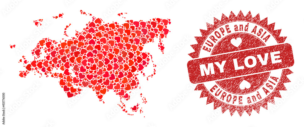 Vector mosaic Europe and Asia map of valentine heart items and grunge My Love seal. Mosaic geographic Europe and Asia map created with valentine hearts. Vector mosaic Europe and Asia map of valentine heart items and grunge My Love seal. Mosaic geographic Europe and Asia map created with valentine hearts.