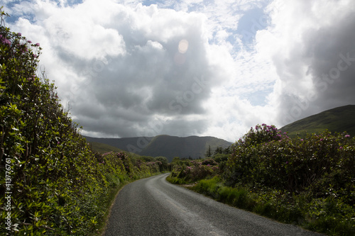 Empty mountain road amidst plants against cloudy sky photo