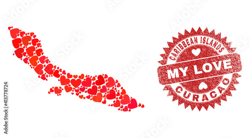 Vector collage Curacao Island map of lovely heart elements and grunge My Love stamp. Collage geographic Curacao Island map designed with lovely hearts.