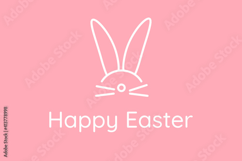 Wallpaper Mural Happy Easter. Pink cute festive horizontal greeting card with rabbit ears. Greeting card hidden bunny head. Holiday childish template banner postcard with text. Vector icon minimal illustration. Torontodigital.ca