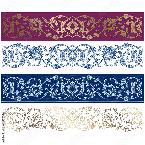 Set of seamless borders Azulejos - Portuguese Dutch and oriental tile in shades of blue and yellow colors pattern. Baroque Vector mosaic. Rococo ornament
