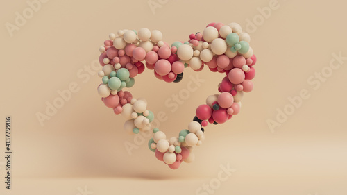 Multicolored Balloon Love Heart. Pink, White and Green Balloons arranged in a heart shape. 3D Render  photo