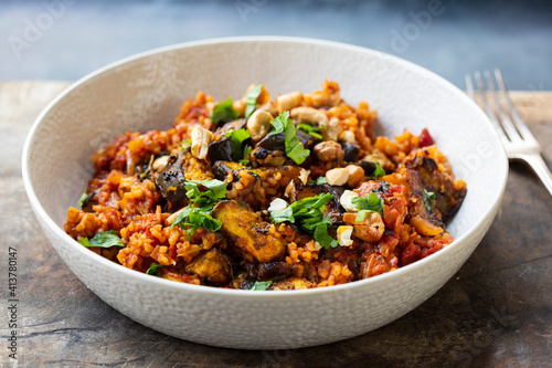 Bulgur wheat tagine with aubergine and cashew nuts