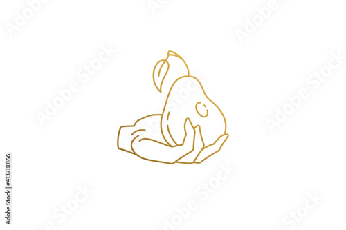 Human hand with ripe pear silhouette linear vector illustration.