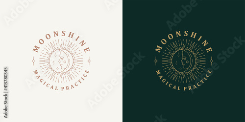 Sun and moon with female face logo template linear vector illustration