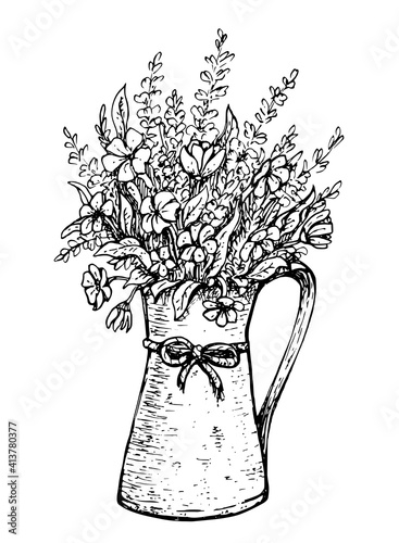 Hand drawn vintage bouquet of spring flowers with lavender in an old jug