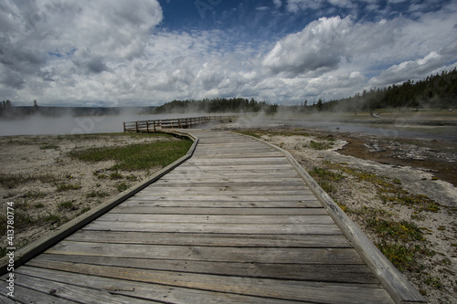 Wooden bridge over hot springs