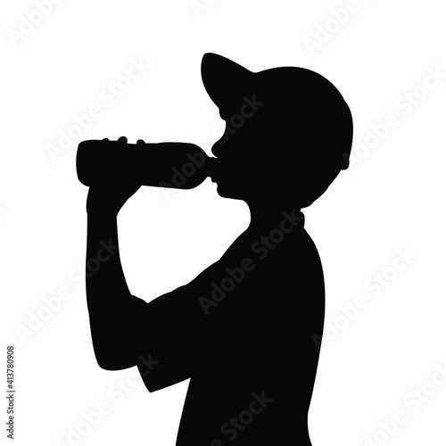 a boy drinking water, silhouette vector