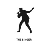 Man singing with mic silhouette. Standing man performing a song icon sign or symbol. Karaoke logo. Guy and microphone. Band vocalist. Voice festival entertainment. Musician black vector illustration.