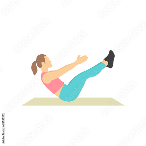 Woman doing sit up. Girl workout at home. Gymnastics sport activity. Exercise training. Yoga meditation. Women sportswear. Slim and fit body. Human health. Healthy flat vector character illustration.