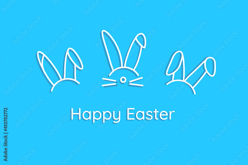 Happy Easter. Blue card in minimalist style with ears of funny bunny rabbits. Hare heads icons with text and shadow. 3D volume effect. Vector illustration of postcard, thin line horizontal banner. Happy Easter. Blue card in minimalist style with ears of funny bunny rabbits. Hare heads icons with text and shadow. 3D volume effect. Vector illustration of postcard, thin line horizontal banner.
