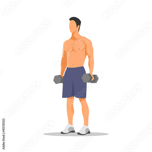 Standing man holding dumbbells. Muscular guy workout icon. Gym activity. Bodybuilder pose. Bodybuilding program. Muscle gain. Fit and healthy. Fitness concept. Flat vector character illustration.