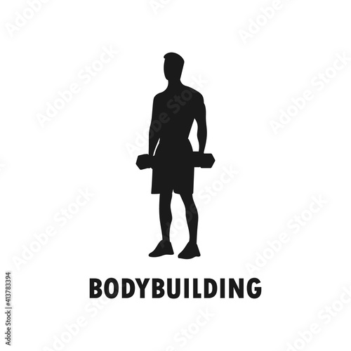 Standing man holding dumbbells silhouette. Workout icon sign or symbol. Gym activity. Bodybuilder pose logo. Bodybuilding program. Muscle gain. Fit and healthy. Fitness concept. Vector illustration.