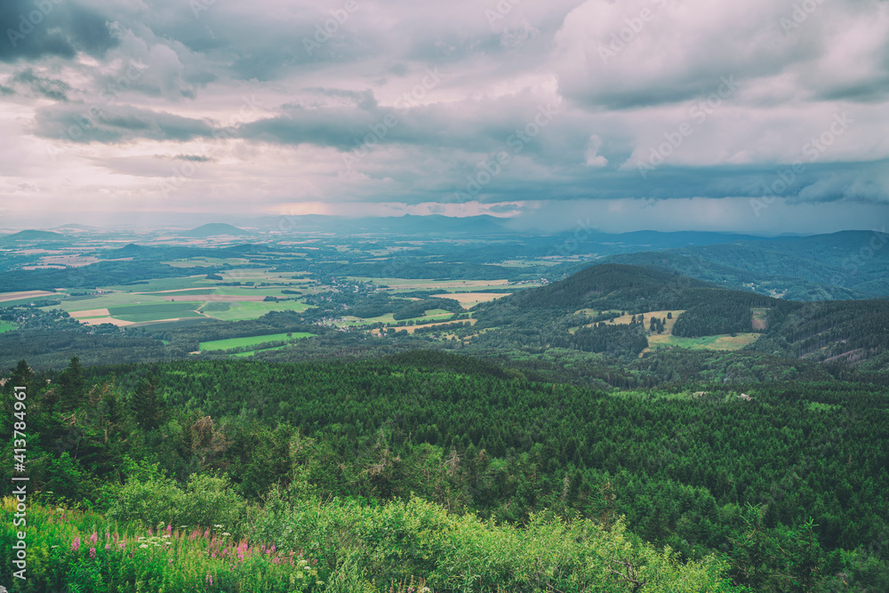 Naklejka premium Mountain meadows at sunset Krkonose, Czech Republic 