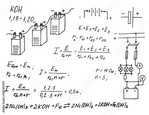 Batteries. Electric law theory and physics mathematical formula equation. Physical equations on whiteboard. Education and scientific  background. Vector hand-drawn vintage background.