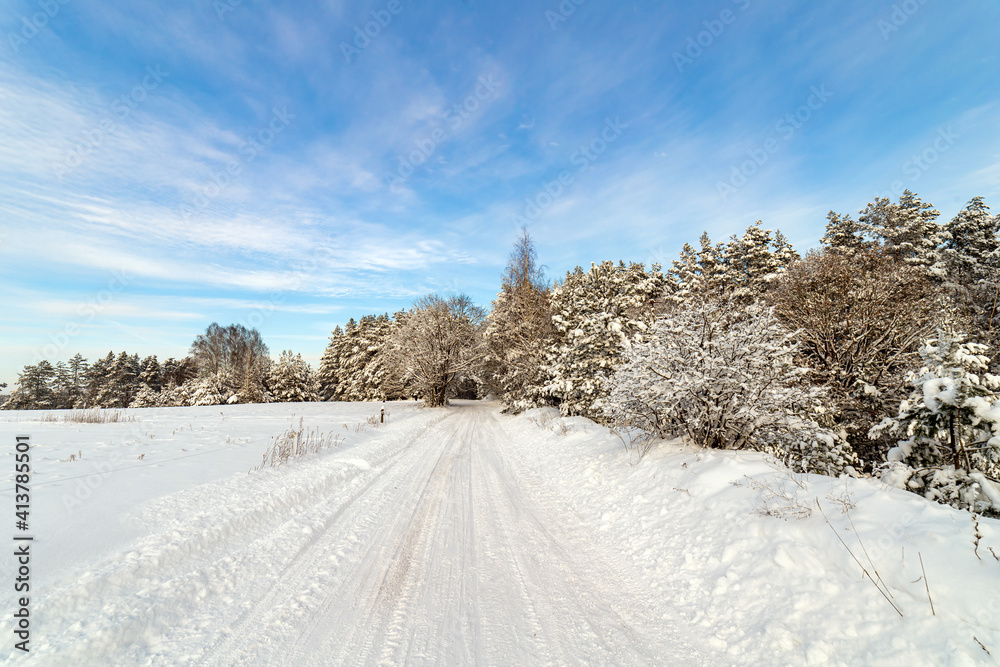 Road at white winter landscape in the forest. Road at white winter landscape in the forest.