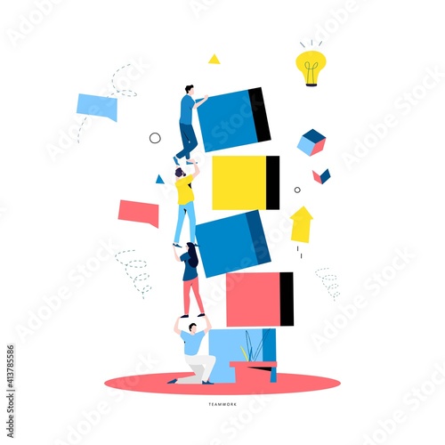 Team work and team building, corporate organization and partnership, problem solving, creative solution, innovative business approach, brainstorming, unique ideas and skills flat vector illustration