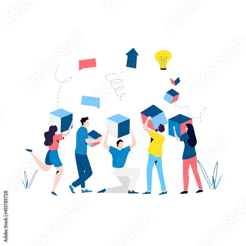 Team work and team building, corporate organization and partnership, problem solving, creative solution, innovative business approach, brainstorming, unique ideas and skills flat vector illustration