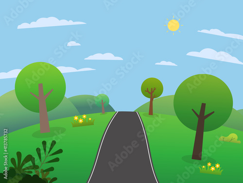 Road on hills with big mountains and sky.Beautiful scene meadows with mountains in summer.Nature landscape with rural street. Vector illustration