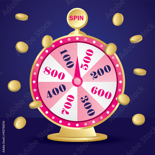 Cute and pink lucky draw wheel with coins vector for shopping promotion.