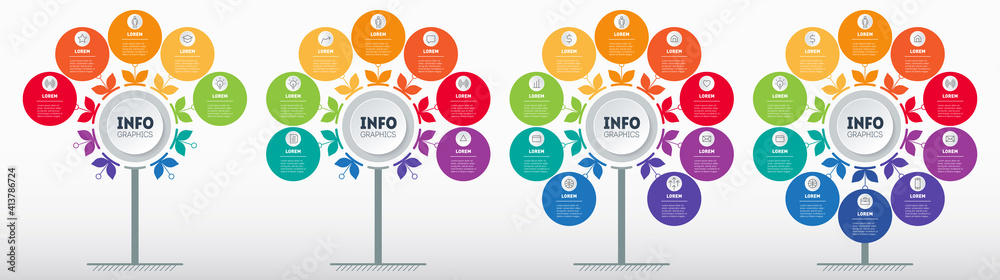 Timeline of trends. Business presentation concept with four parts, steps or processes. Infographics in the form of a tree with 5, 7, 9 and 10 parts . Development and growth of the business. Timeline of trends. Business presentation concept with four parts, steps or processes. Infographics in the form of a tree with 5, 7, 9 and 10 parts . Development and growth of the business.